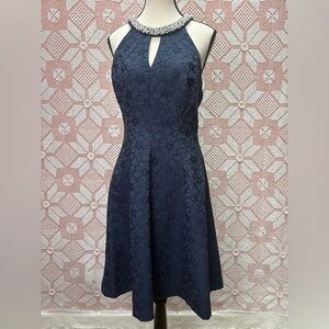 Maggy London Navy Lace Halter Dress – Beaded Neckline Sz 8